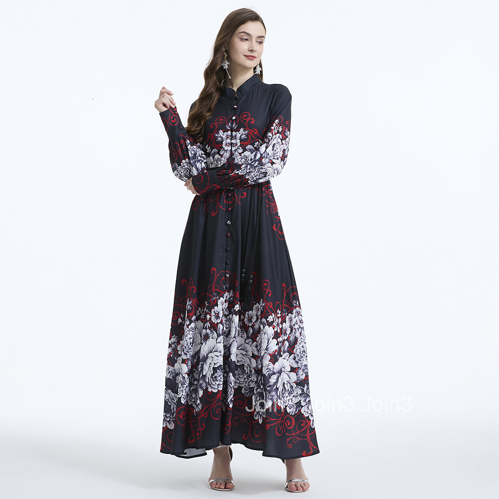 2100 Spring and Autumn New Womens Clothing Elegance Style Lantern Sleeve Printed Stand Collar Waist-Cinching Long Dress