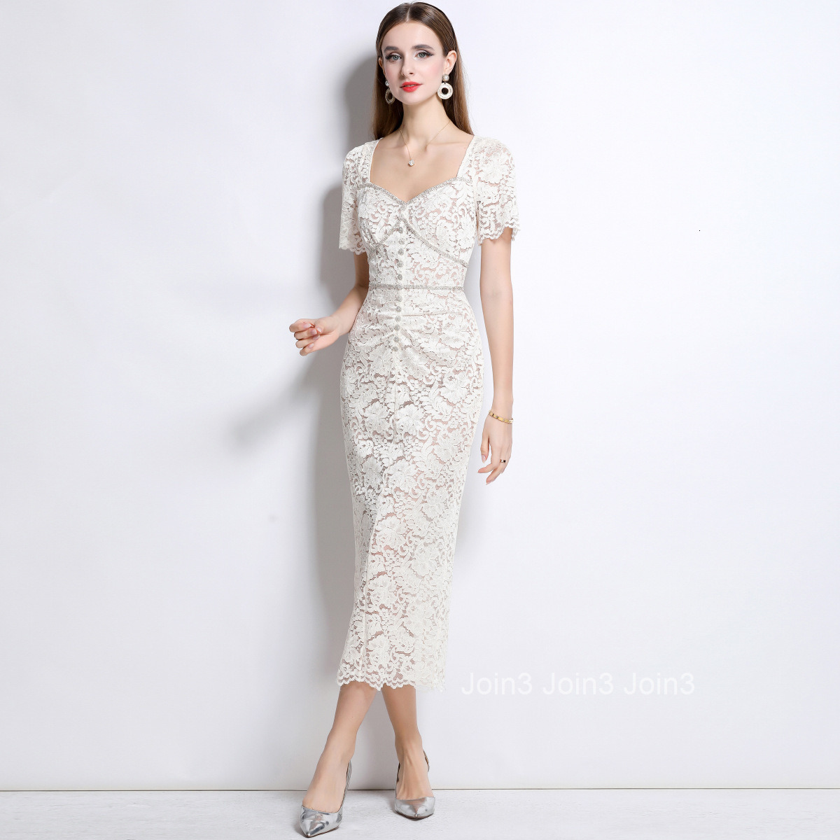 9633 French Court Style Square Neck Short Sleeve Lace Slimming Dress with Camisole