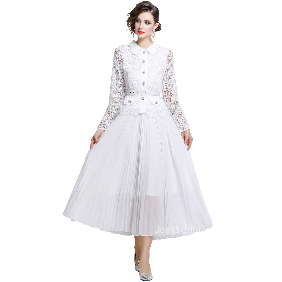 1676 autumn new womens clothing style hollow lace patchwork long sleeved pleated long skirt dress