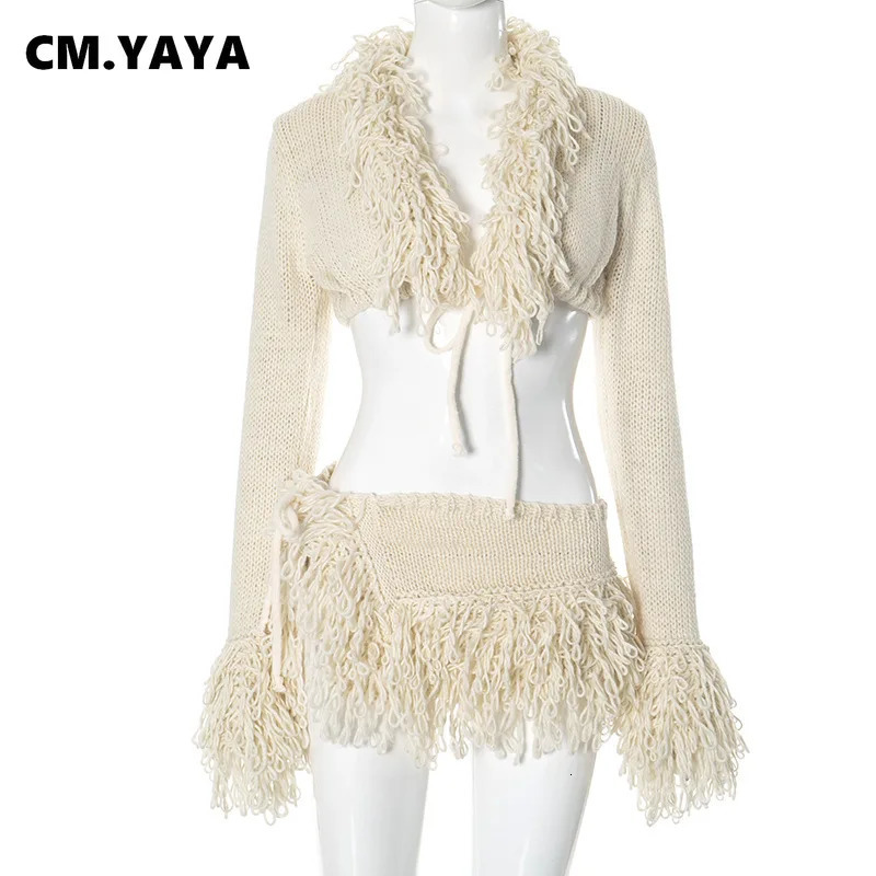 CMYAYA Women Knitted Mini Skirt Sets VNeck Long Sleeve Tassel Crop Top Fall Streetwear Sexy Party Two 2 Piece Outfits 250717