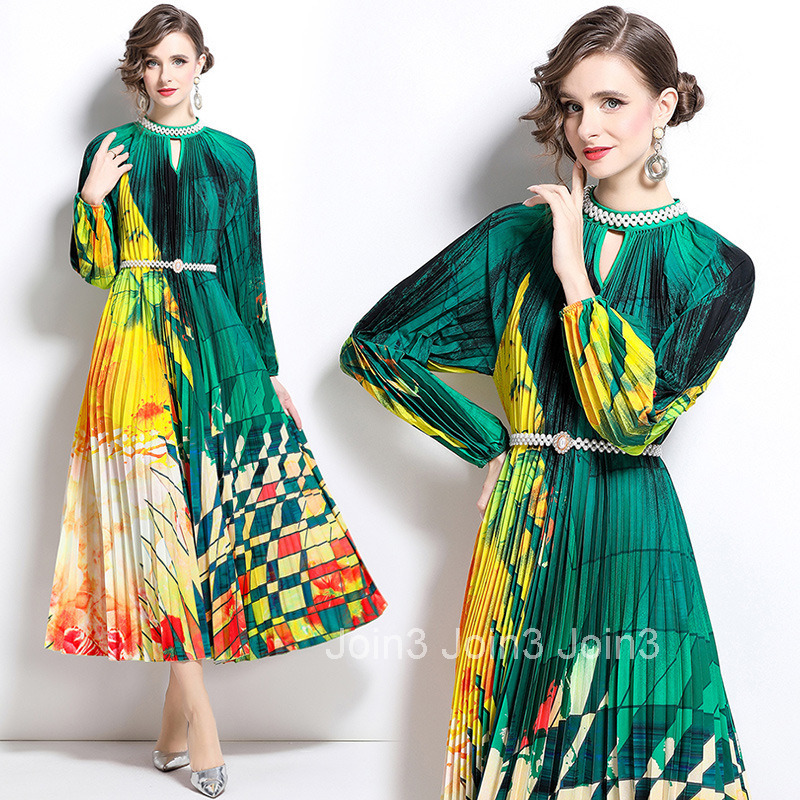 8810 Spring and Autumn new womens clothing temperament nail bead print pleated long skirt long sleeved dress