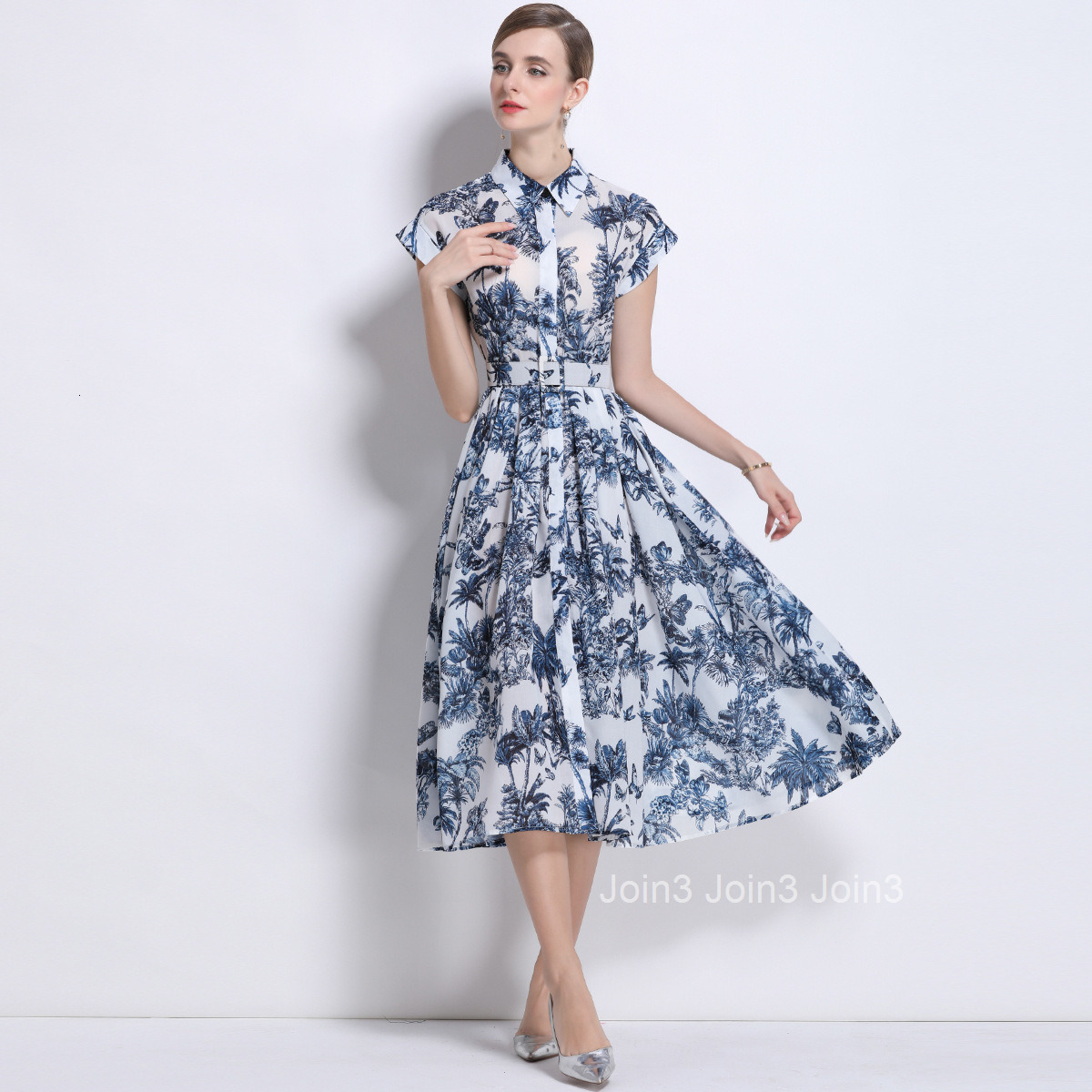 1701 Summer New Printed Short Sleeve Shirt with Belt Mid-Length Dress