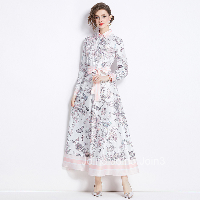 3936 Summer New Womens Fashion Printed Turn-Down Collar Long Sleeve Long Dress with Belt