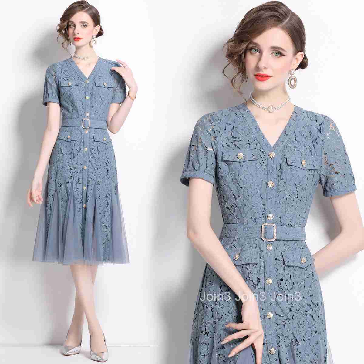 6867 Summer New Womens Fashion Large Hem Dress Lace Patchwork Mesh Waist Cinching Single-Breasted V-Neck Dress