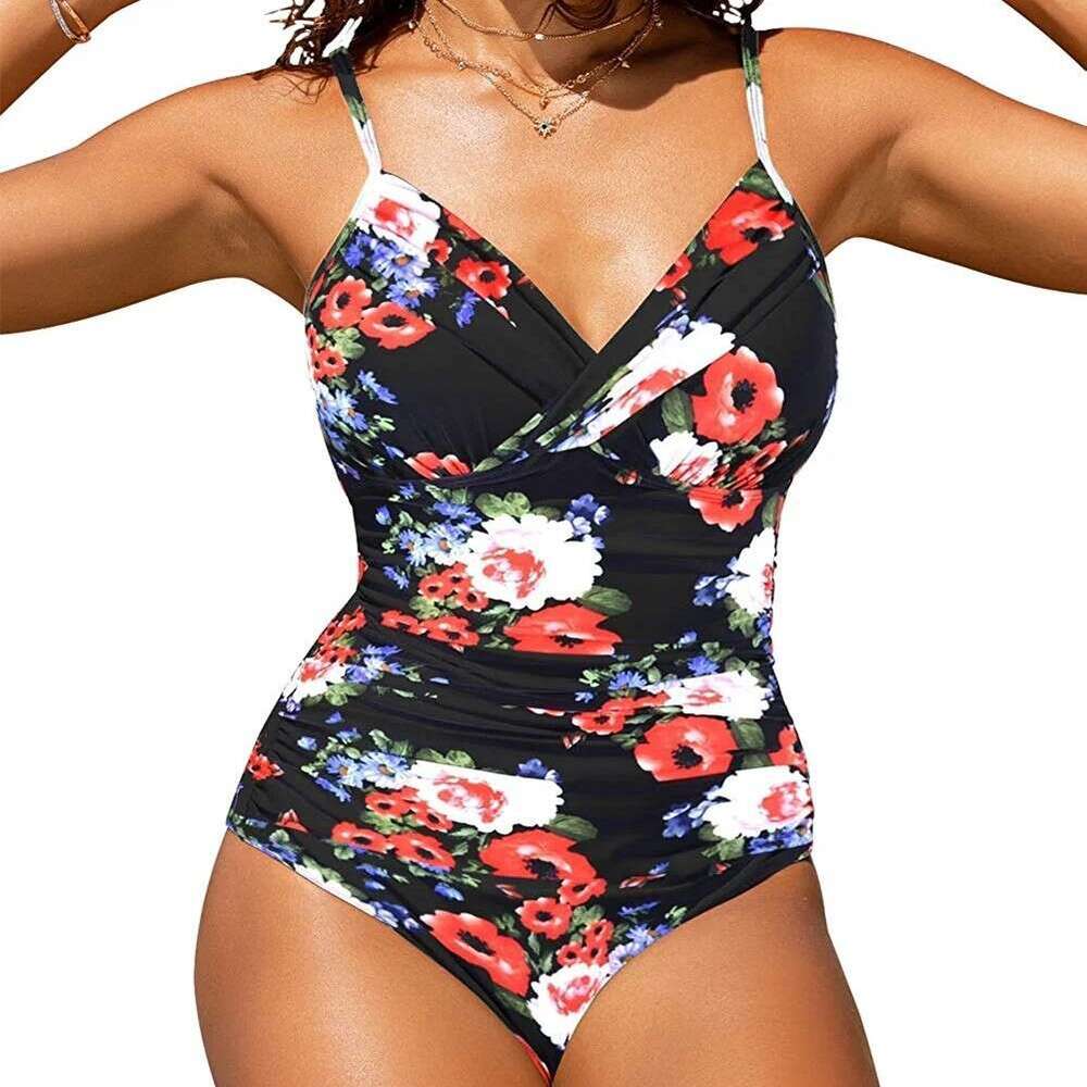 2023 Swimsuit Sexy Solid Color Cross Ruched Tight One-Piece Bikini Swimwear