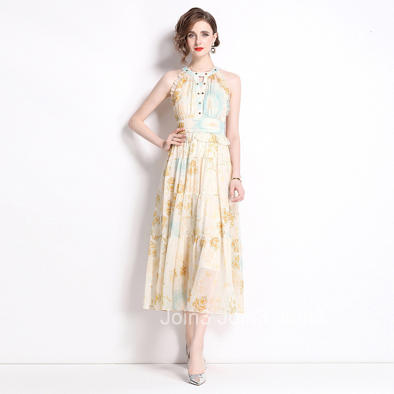 1023 Summer New Beach Vacation Flowing Printed Halter Dress