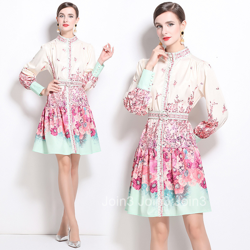 9893 autumn new womens clothing style fashionable Elegance style stand up collar single breasted printed dress