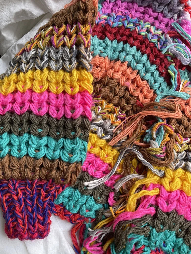 Rainbow Color Tassel Front Chunky Knit Cardigan Winter Women Handmade Sweater Niche Knitwear Outfit 250716