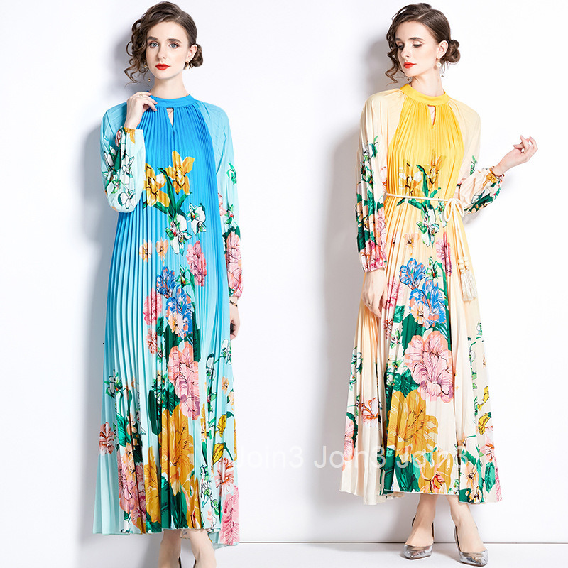 8586 Autumn New Womens Fashion Printed Lantern Sleeve Pleated Tassel Belt Flared Long Dress