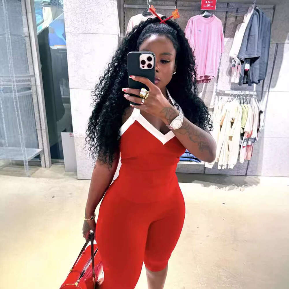 Summer Cross-Border European and American New Fashion Elastic Color-Block Halter Design Tank Top Tight Mid-Length Pants Set for Women