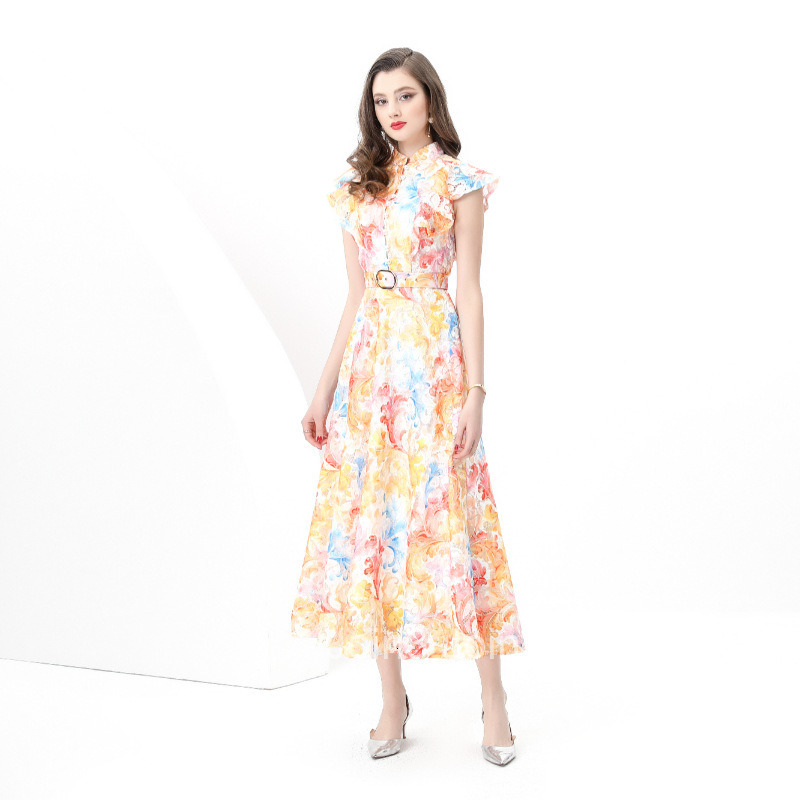 8849 Early Spring New Womens Fashionable Lace Stand Collar Waist Cinching Printed Long Dress