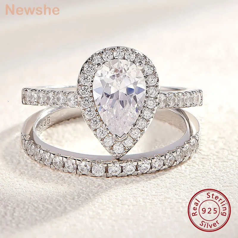 she 2 Pieces Tear Drop Shape Engagement Ring Wedding Band for Women 925 Silver Bridal Jewelry High Grade Cubic Zircons 250715