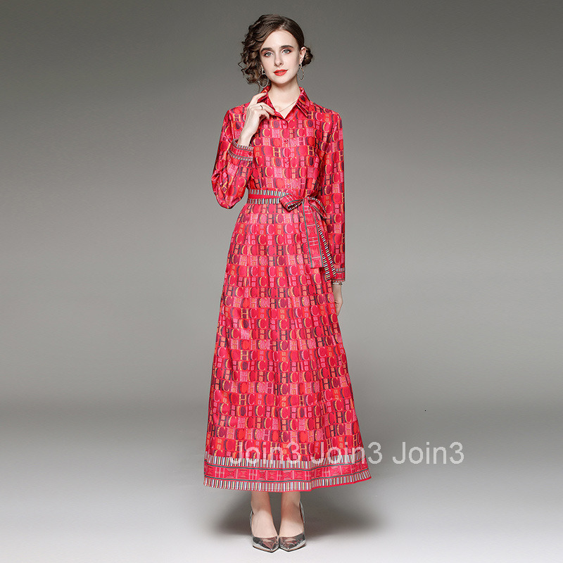 7100 Spring and Autumn New Womens Fashion Waist slimming Printed Long Skirt Dress