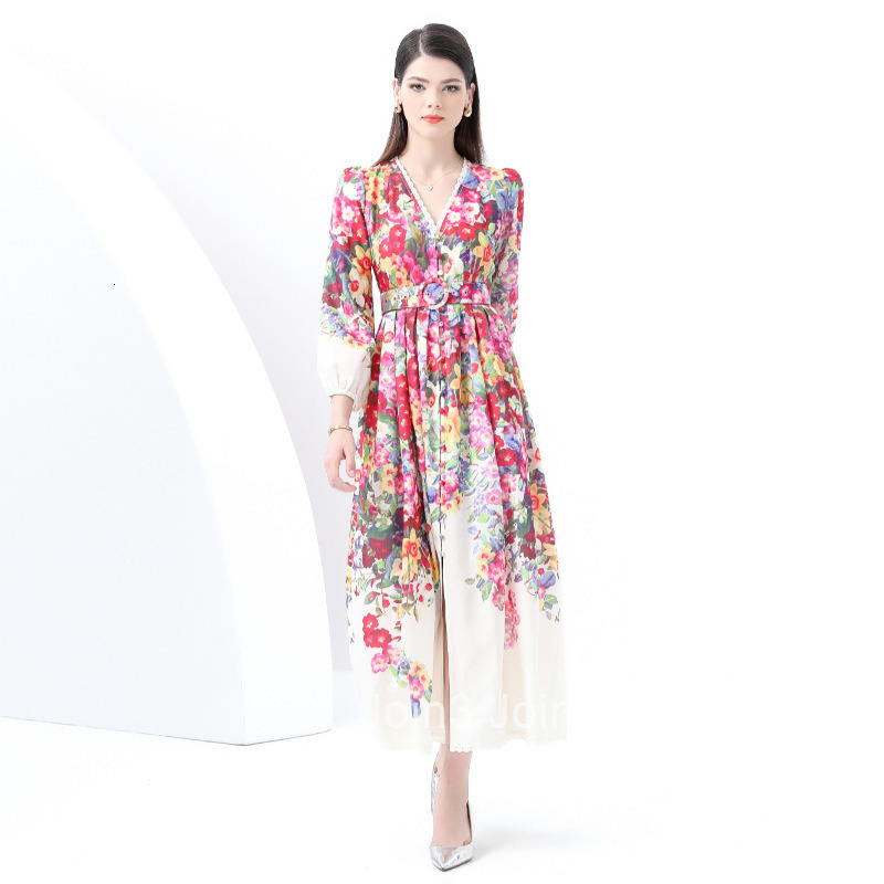 6072 Early Spring New Womens Clothing Elegance Style V-neck Lantern Sleeve Printed Long Dress