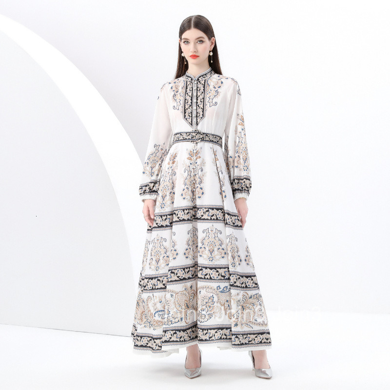 6169 Spring and Autumn New Womens Clothing Style Vacation Elegance Style Standing Collar Printed Large Swing Long Dress