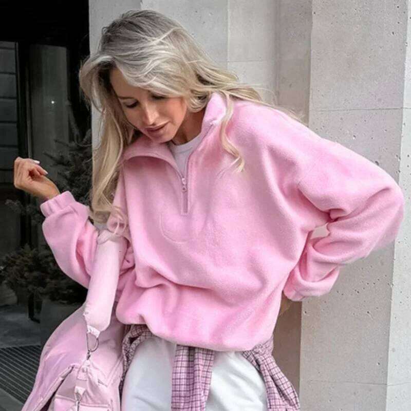 Winter Lamb Fleece Hoodie Women Clothing Casual Loose Thick Zipper Long Sleeve Lapel Pink Pullover Top Lady Hoodies Streetwear