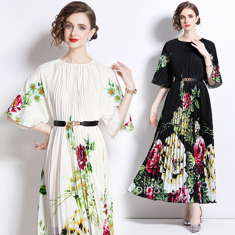 2024 New Artistic Style Printed Miyake Mid-Sleeve Round Neck Dress