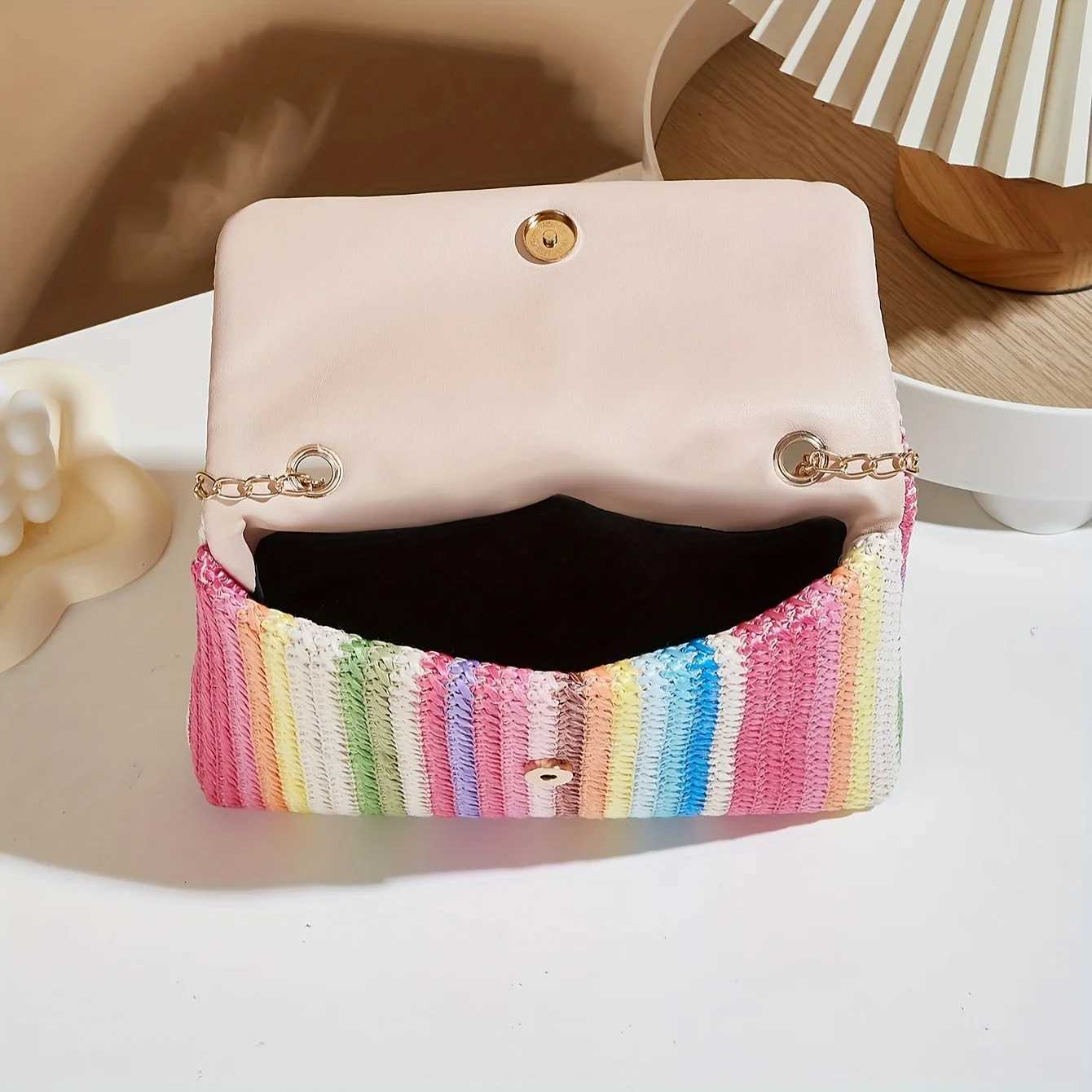 Chic Rainbow Stripe Straw Crossbody Bag for Women Adjustable Shoulder Strap Magnetic Closure Tassel Accent Fashion Square Purse Y250719