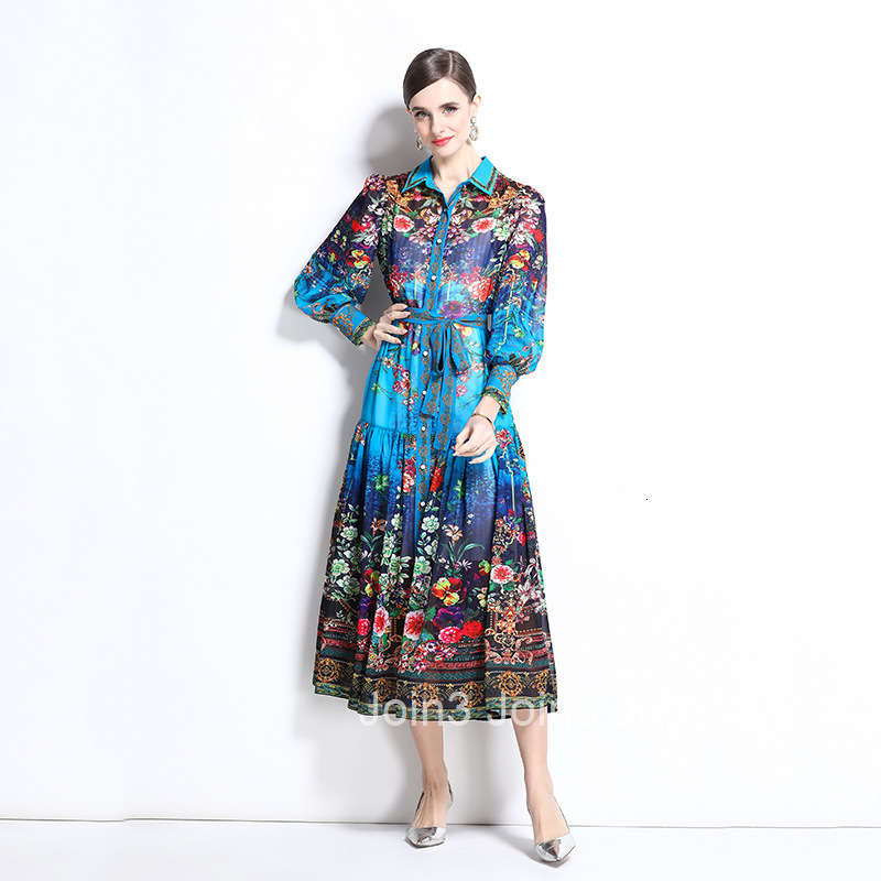 1242 Spring/Summer New Chiffon Collar Lantern Sleeve Printed Dress Long Skirt