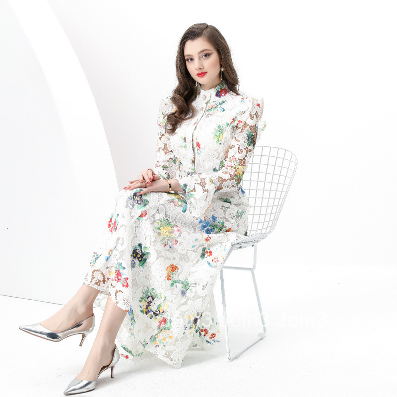 8836 Spring Summer Elegance Style Stand Collar Long Sleeve Waist-Cinching Wide Skirt Lace Print Long Dress