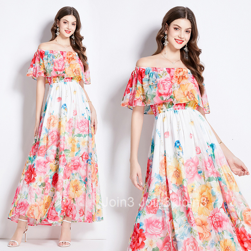 2534 Summer New Ruffled Off-Shoulder Waist-Cinching Flared Beach Dress with Slit Chiffon Long Dress