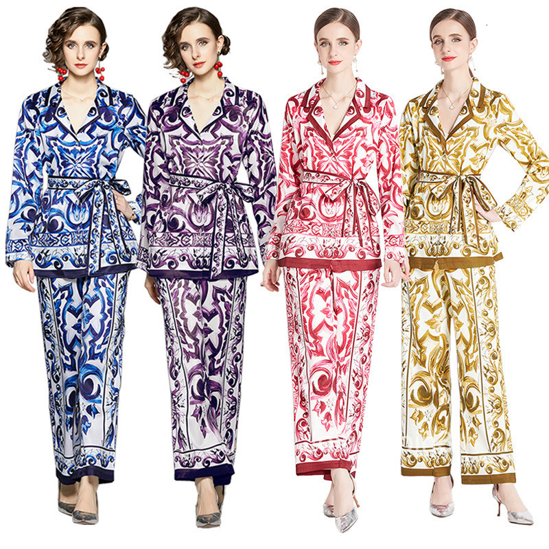 8656 Fashion Suit Set with Printed Shirt and High-Waisted Straight-Leg Wide Pants