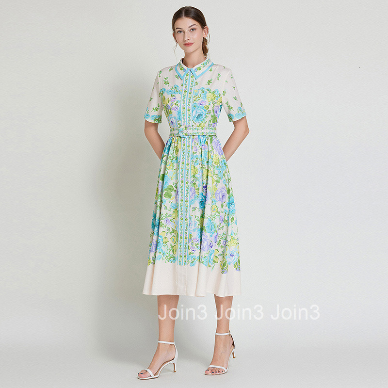 8527 Summer New Womens Fashion Elegant Printed Dress Slim Fit Slimming Turn-Down Collar Short Sleeve Mid-Length Dress