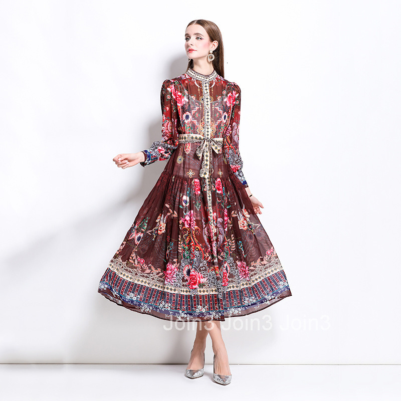 1247 Spring Summer New Chiffon Stand Collar Lantern Sleeve Printed Long Dress