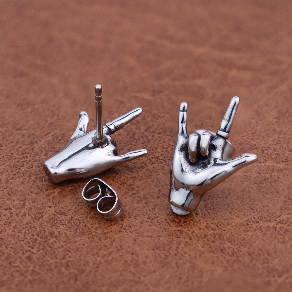 Punk Rock Personalized Ghost Hand Stud Earrings for Men Boy 316L Stainless Steel Gothic Erect Middle Finger Earrings Accessories 250715