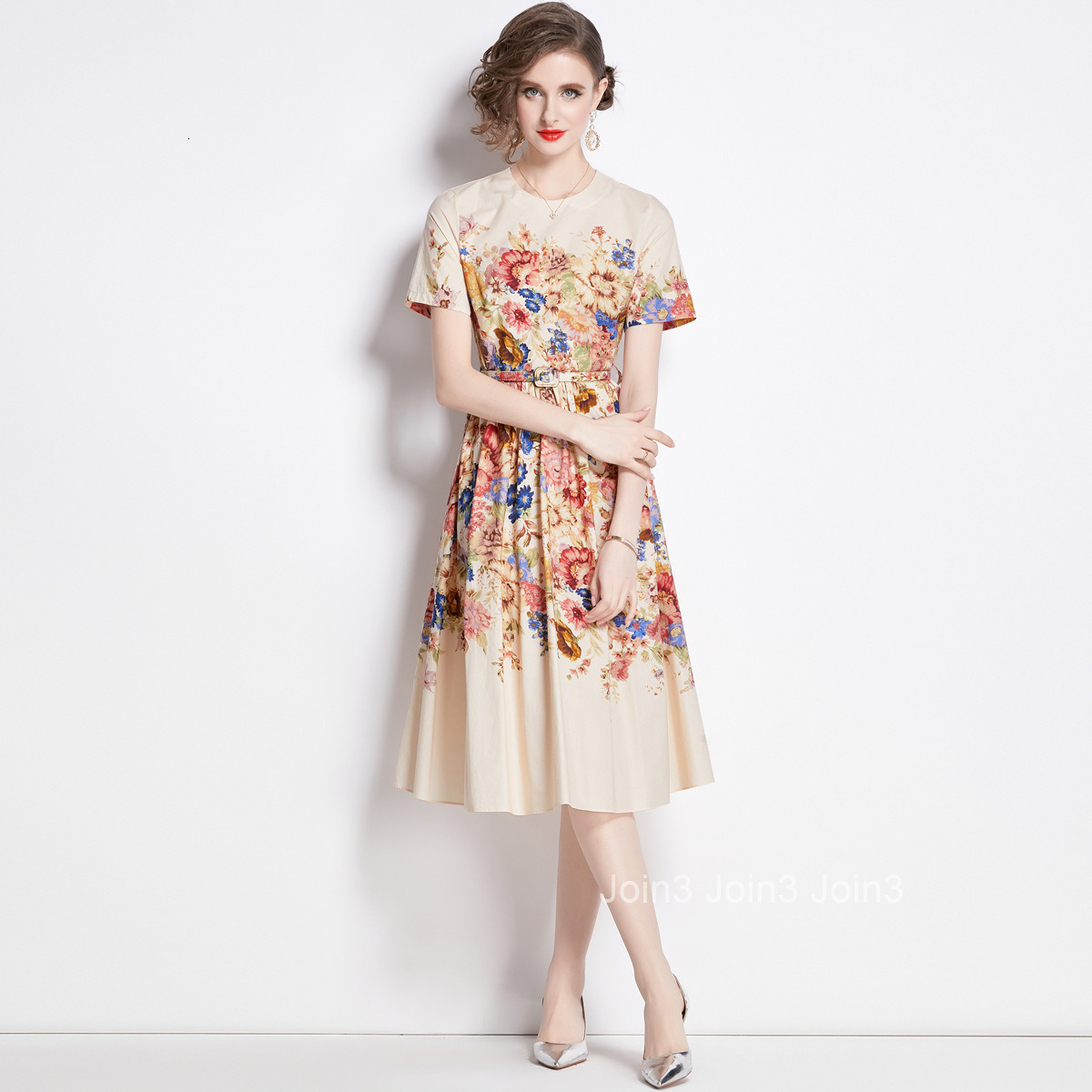 1642 Summer New Womens Fashion Elegant Color Block Printed Round Neck Waist Slimming Short Sleeve Mid-Length Dress