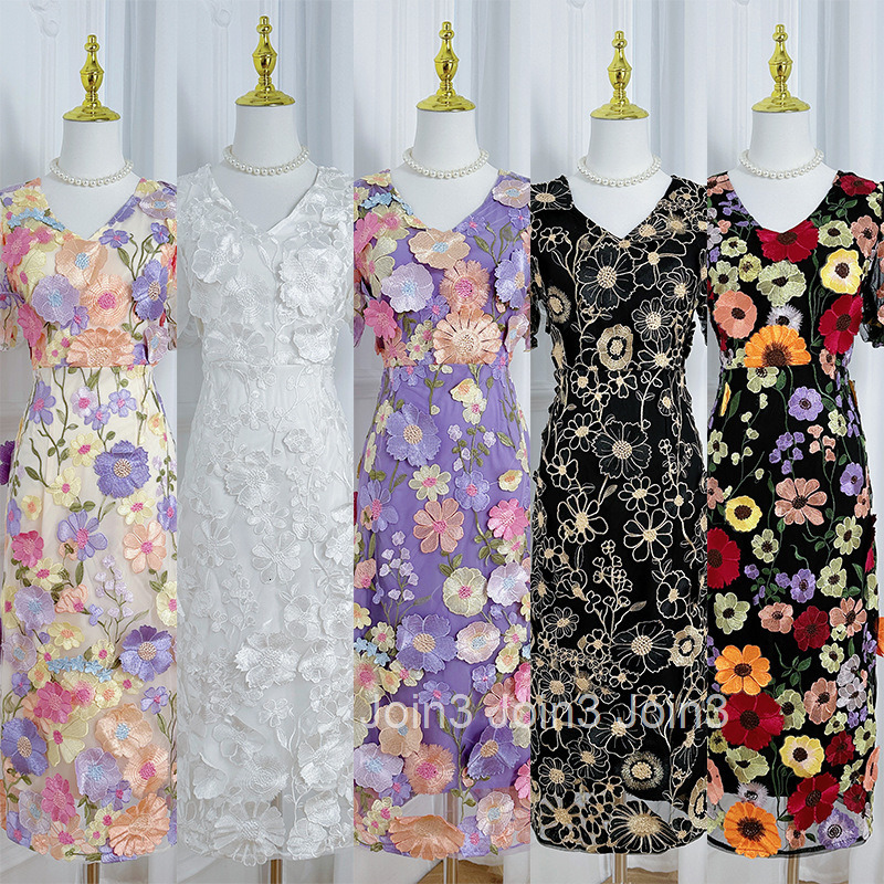 607 Heavy Embroidery Colorful Handmade Floral Collar Slit Bodycon Dress