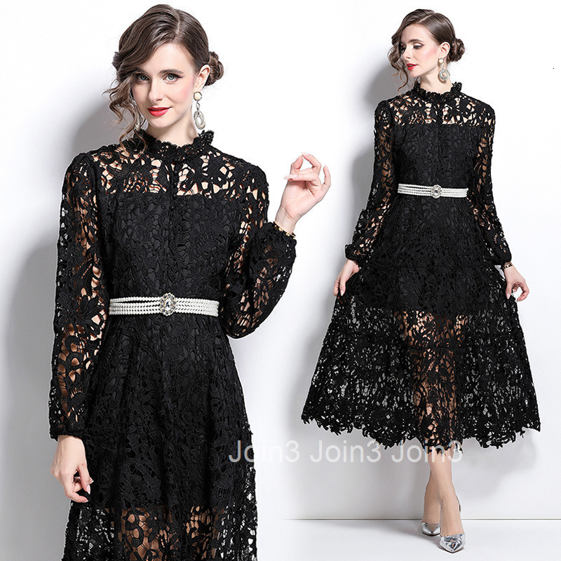 8561 Spring and Autumn New Womens Clothing Style Water soluble Lace Embroidery Hollow Hook Flower Waist Long Dress