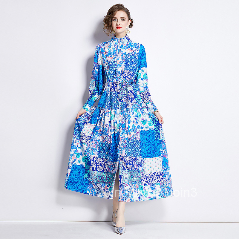 6945 Spring Summer New Womens Fashion Elegant Stand Collar Long Sleeve Slim Fit Printed Flared Long Dress
