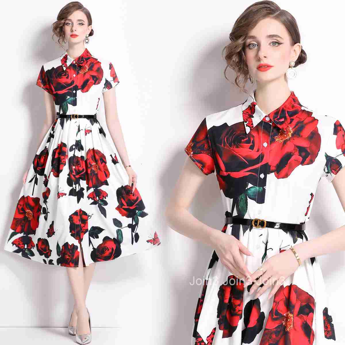 6861 Summer New Rose Print Mid-Length Dress Slim Fit Turn-Down Collar A-Line Dress Flared Dress (With Belt)