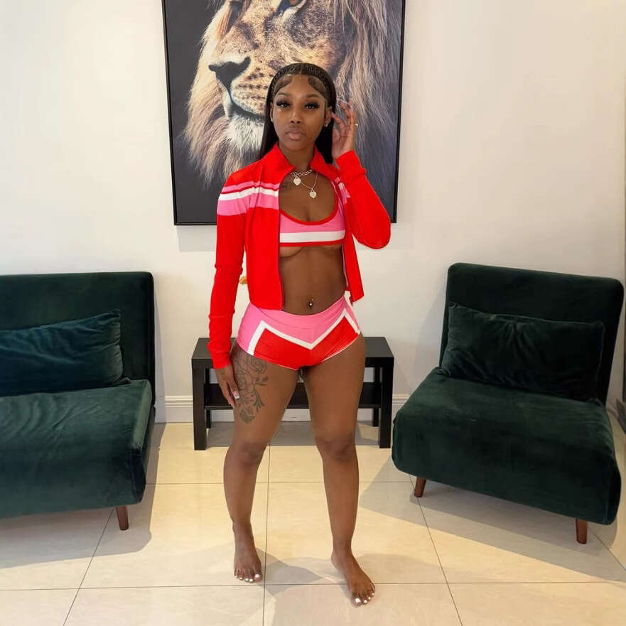 European and American Cross-Border Sexy Hot Girl Color Block Bikini Shorts Top Three-Piece Set