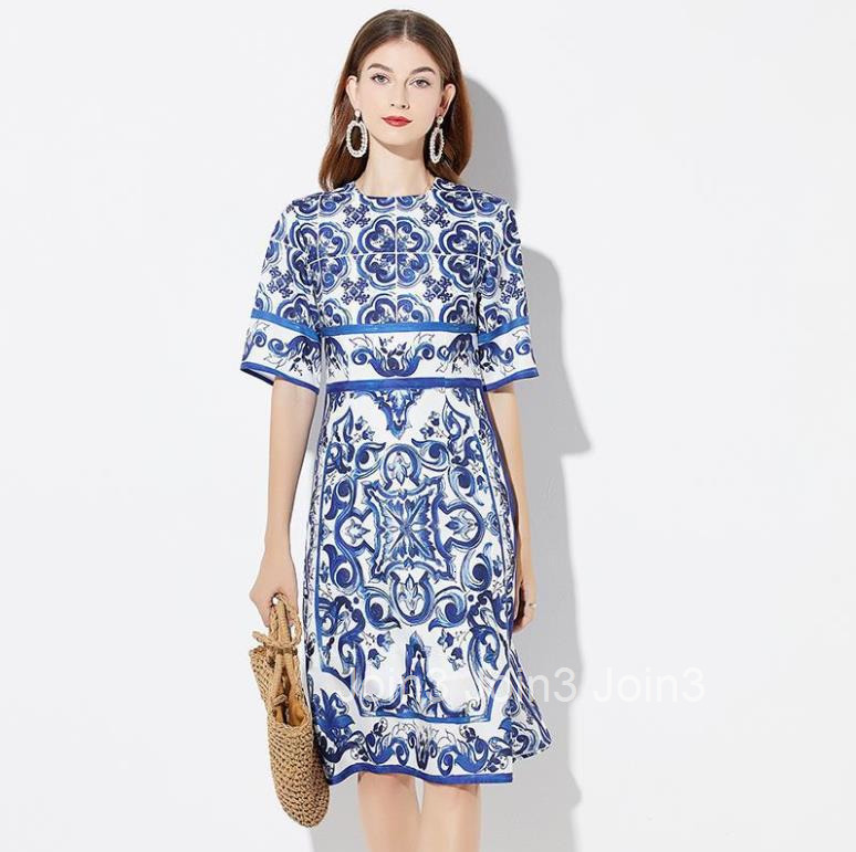 484 Summer New Womens Fashion Printed Round Neck Slimming High Waist Dress with Mid Sleeve A-line Skirt
