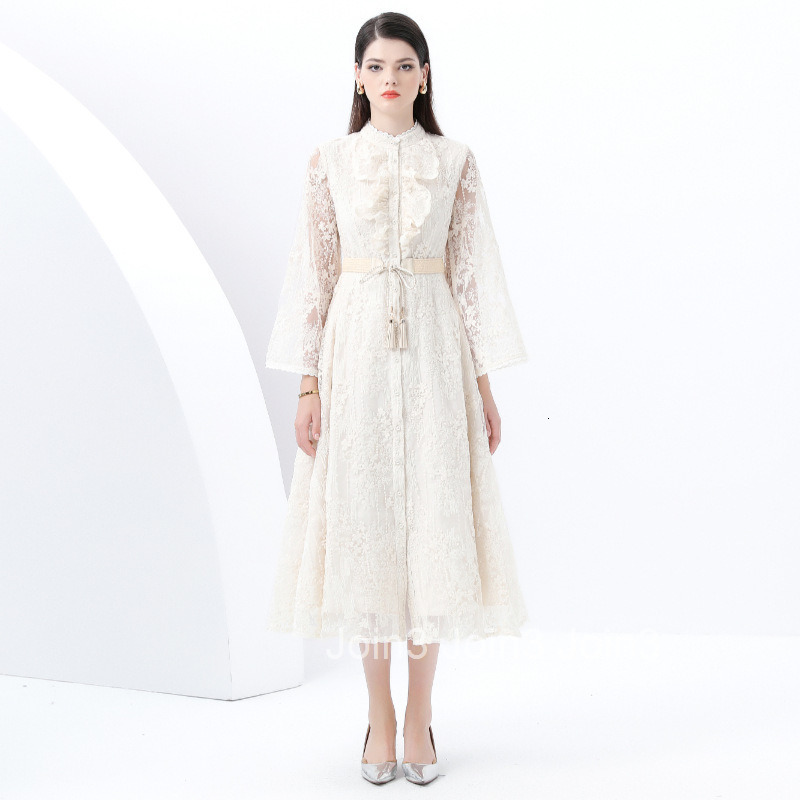 6168 Early Spring New Womens Vacation Style Stand Collar Lace Embroidered Floral Print Flared Long Dress