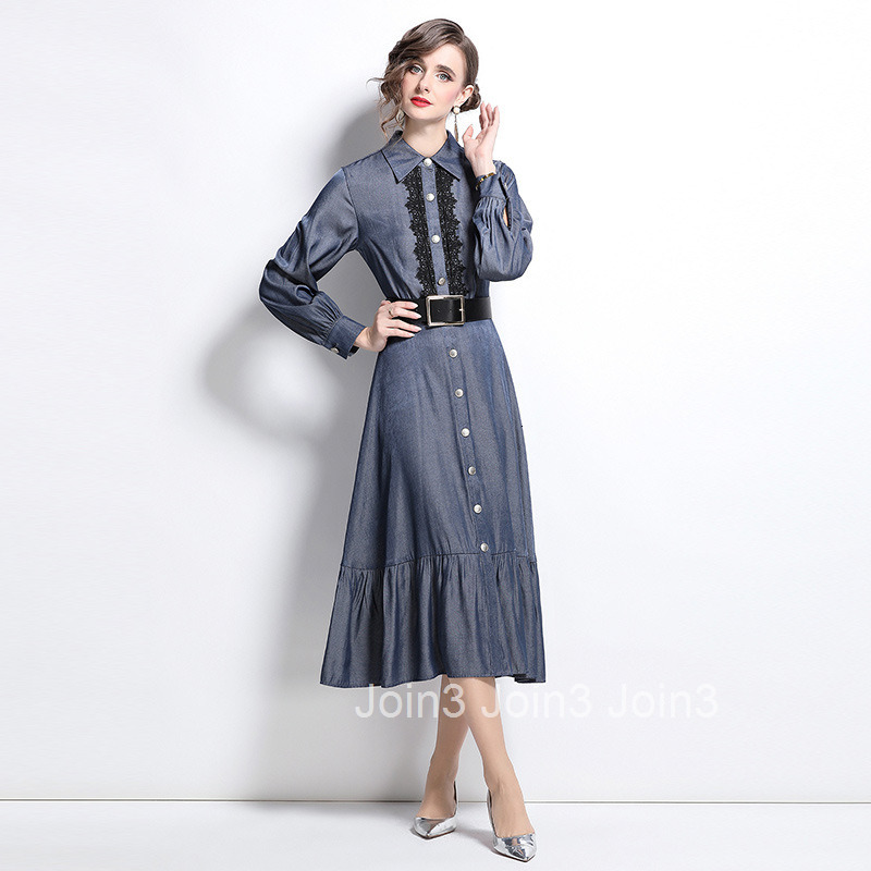 8559 Spring and Autumn New Womens Dress Lace Splicing Style Fashionable Shirt Style Large Swing Long Dress