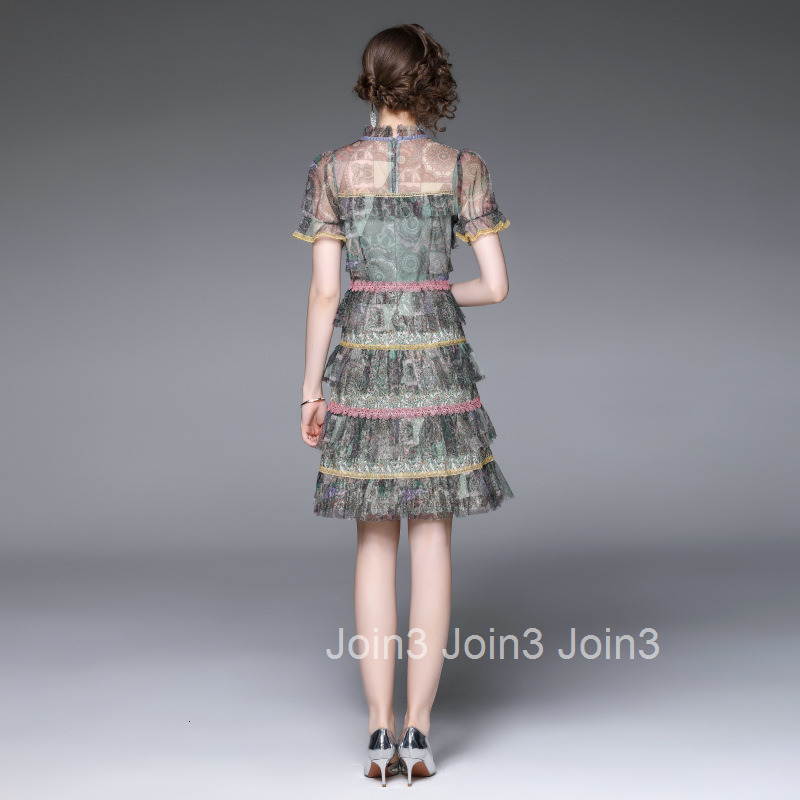 6928 Summer New Printed Mesh Ruffle Lace Edge Tie High Waist Cake Dress