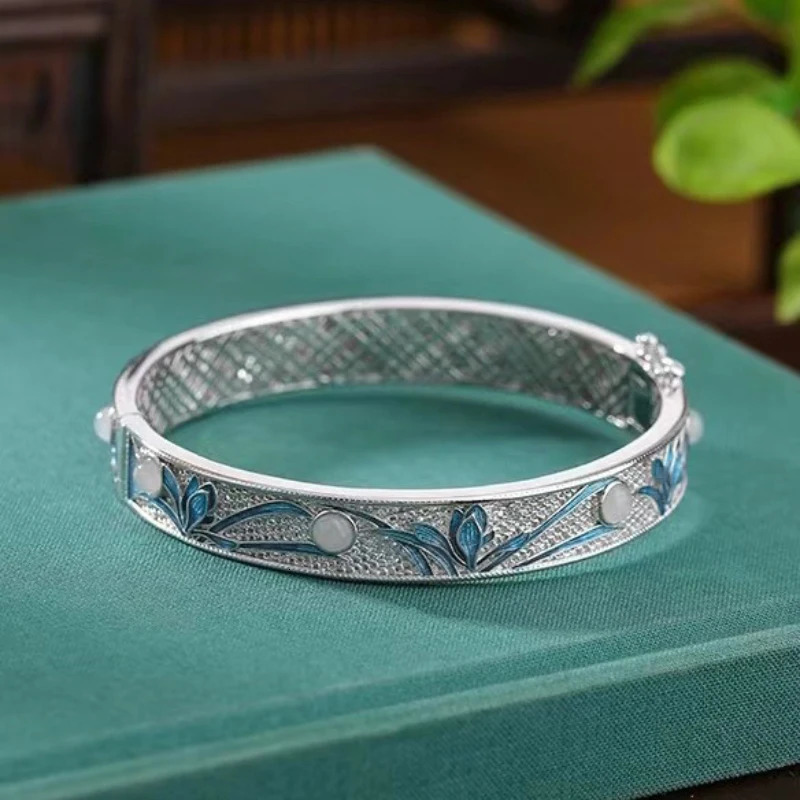 silver 925 Natural an Jade Magnolia Bracelet for women National Style Blue Hollow out Classical bangles Fresh Charm Jewelry 250716