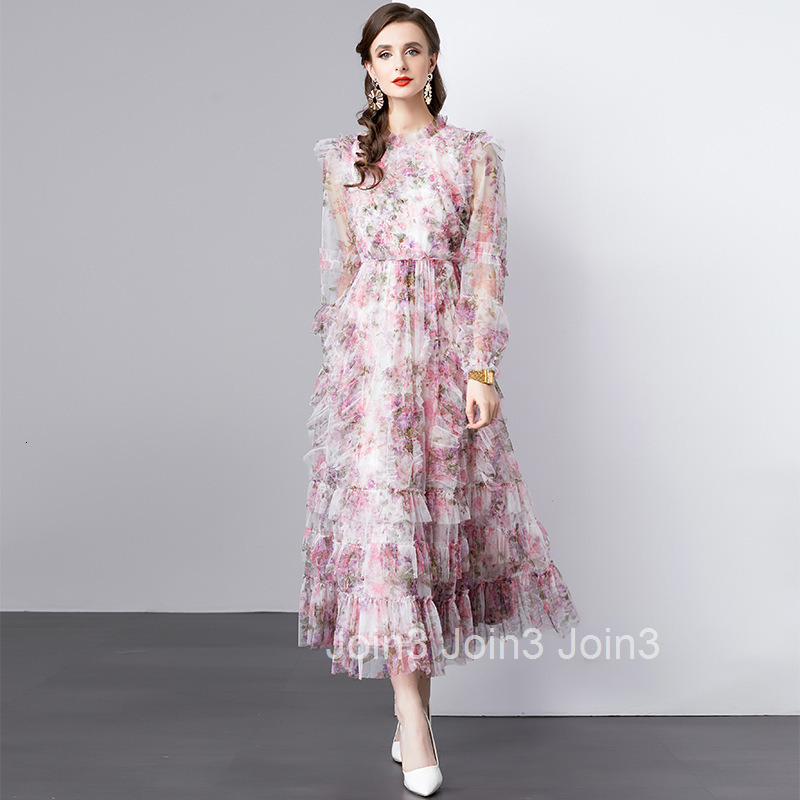 895 Autumn New Womens Fashion Purple Red Flower Printing Elegant Temperament Cake Long Dress