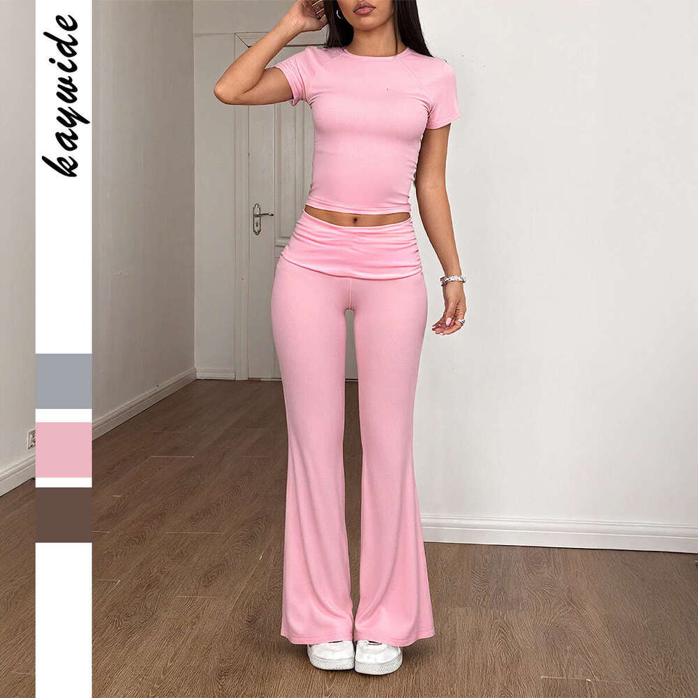 European and American Sports Hot Girl Style Solid Color Short Sleeve Wide Leg Long Pants Two-Piece Set Women's Clothing 2025 Spring Summer