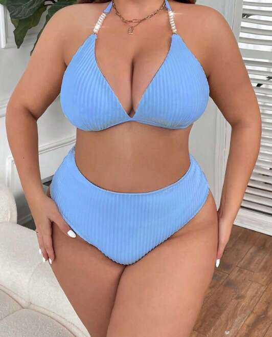 2025 New Style Spaghetti Strap Backless Plus Size Swimsuit Women Solid Color High Waist Sexy Bikini Two-Piece Swimwear