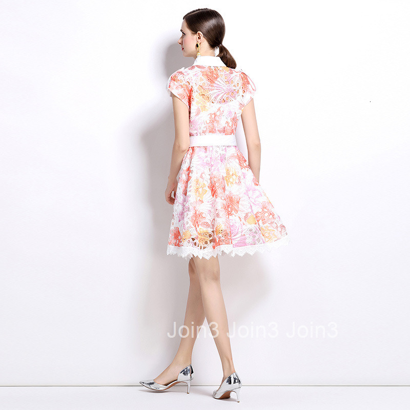 6972 Summer New French Style Turn-down Collar Heavy Embroidered Hollow Out Crochet Dress Waist-cinching Elegant Dress