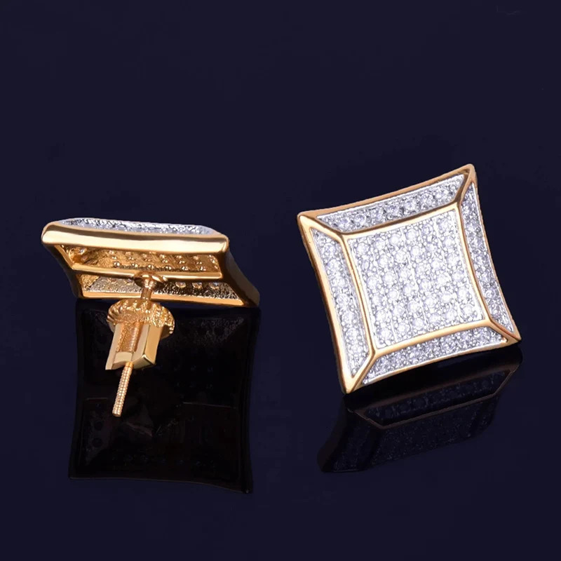 Hip Hop 5CZ Stone Bling Ice Out 15mm Geometric Square Stud Earrings for Men Rapper Jewelry Gold Silver Color Drop 250715