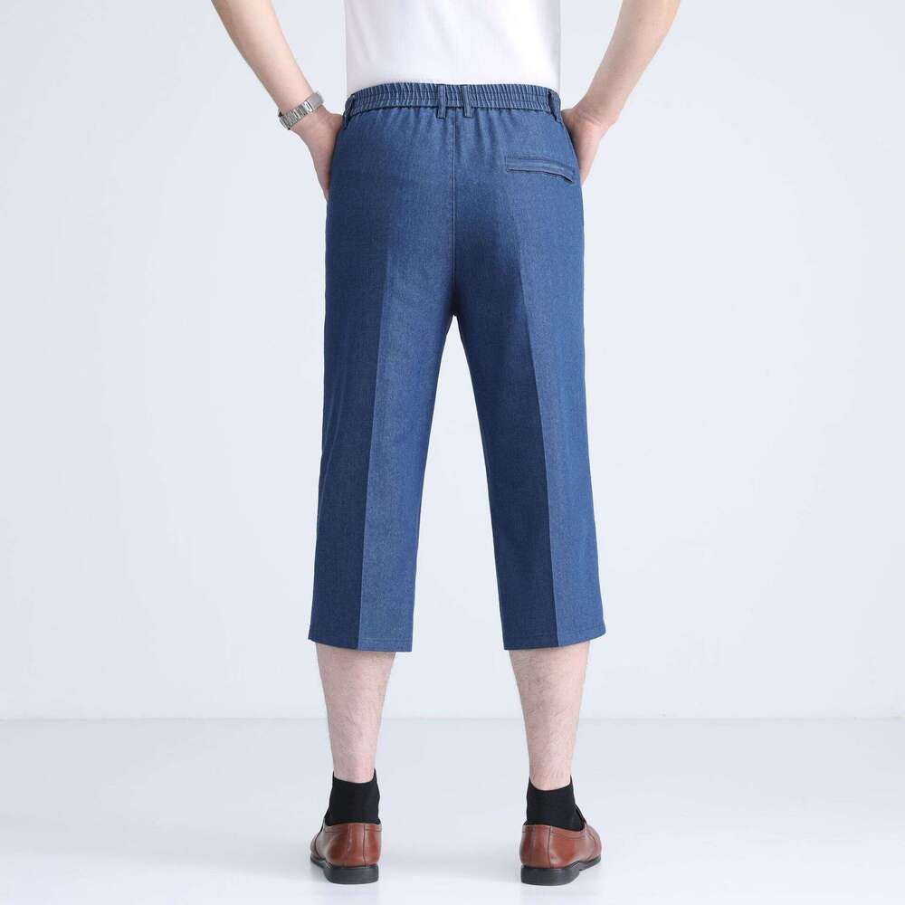 Men's Jeans Cropped Pants Summer High Waist Straight Elastic Thin Shorts Middle-aged Loose Denim Breeches
