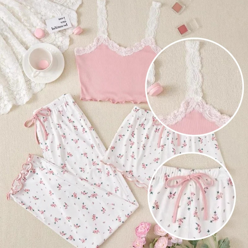 Three Piece Womens HeartShaped Printed Vest Shorts and Pants Paired with Ribbed Fabric for Home Casual Sleepwear Set 250717