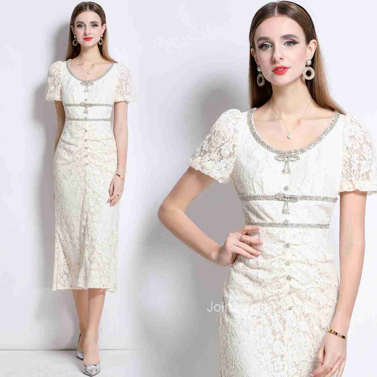 9632m White Lace Round Neck Short Sleeve Mermaid Dress Elegant Slim Dress with Bow