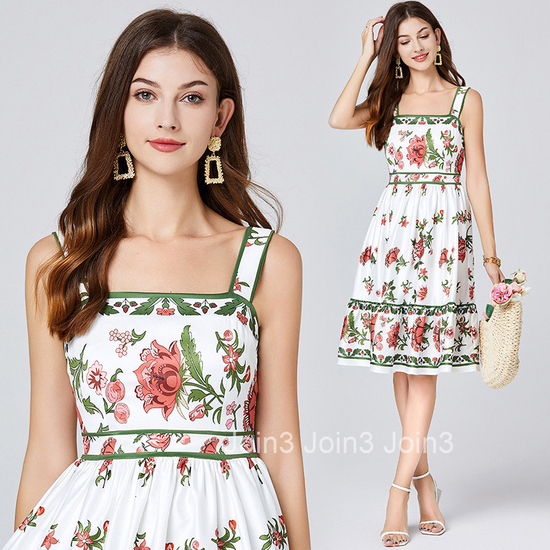 217 Summer New Womens Printed Slim Strap Dress High Waist Vest Mid-Length A-Line Dress