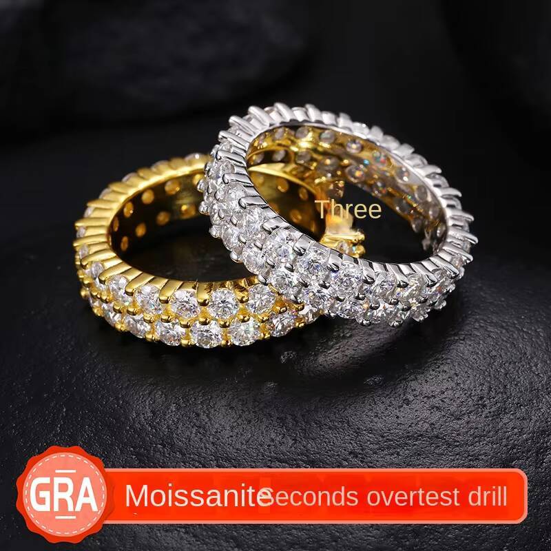 Hip Hop VVS D Color Moissanite Full Eternity Diamond Ring Double Row Wedding S925 Sterling Silver Iced Mens Ring for Parties